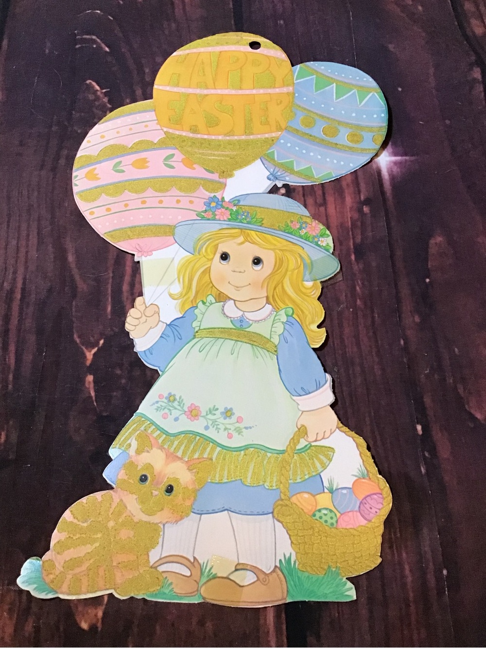 Vintage eureka girl with Easter balloons diecut 1987